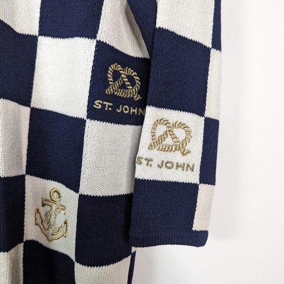 St. John Navy Check board Nautical Embeoidered Knit Sweater Dress Size Large - Picture 2 of 4